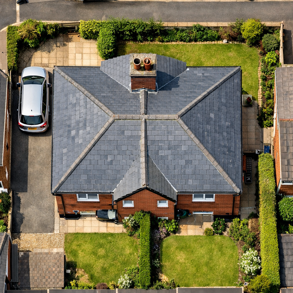 Aerial view of UK house roof