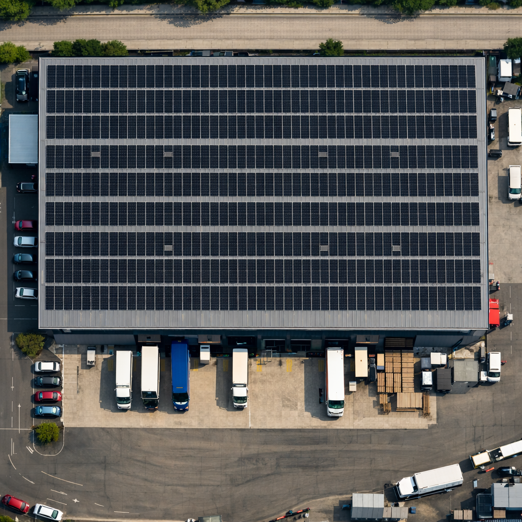 Commercial warehouse with solar panels on roof