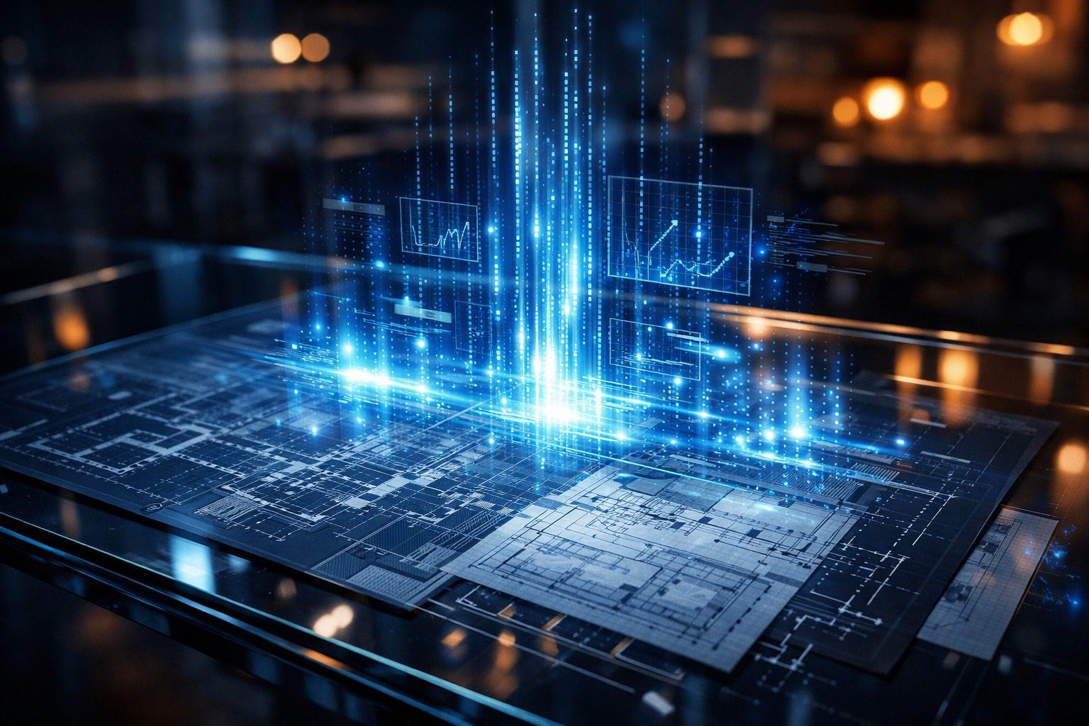 AI scanning construction blueprints — holographic data extraction from architectural drawings